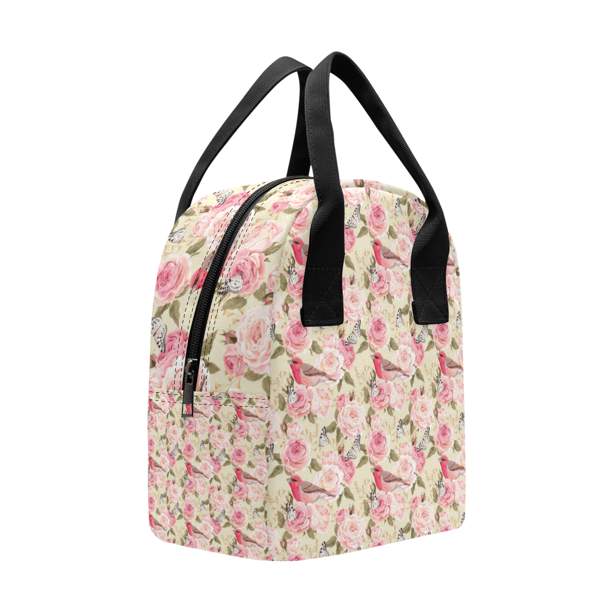 Bird Butterfly Pink Flower Print Pattern Insulated Lunch Bag