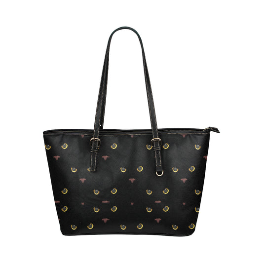 Black Cat Face Print Pattern Leather Tote Bag