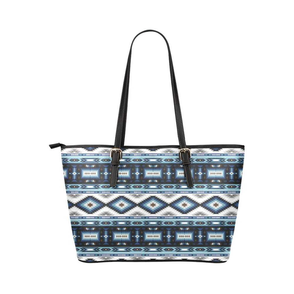 Navajo Dark Blue Print Pattern Leather Tote Bag