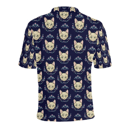 Cat Head with flower Print Pattern Men Polo Shirt