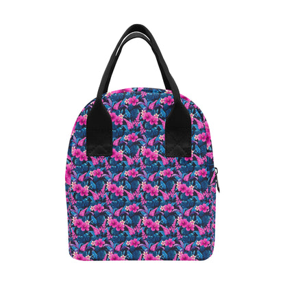 Tropical Folower Pink Themed Print Insulated Lunch Bag