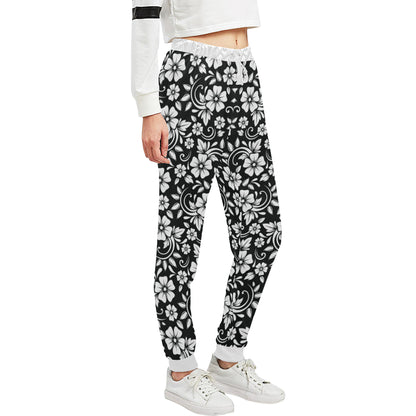 Floral Black White Themed Print Unisex Sweatpants