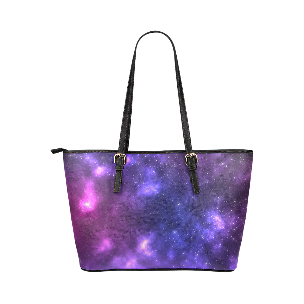 Celestial Purple Blue Galaxy Leather Tote Bag