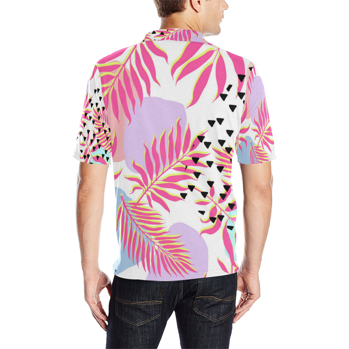 Pink Tropical Palm Leaves Men Polo Shirt