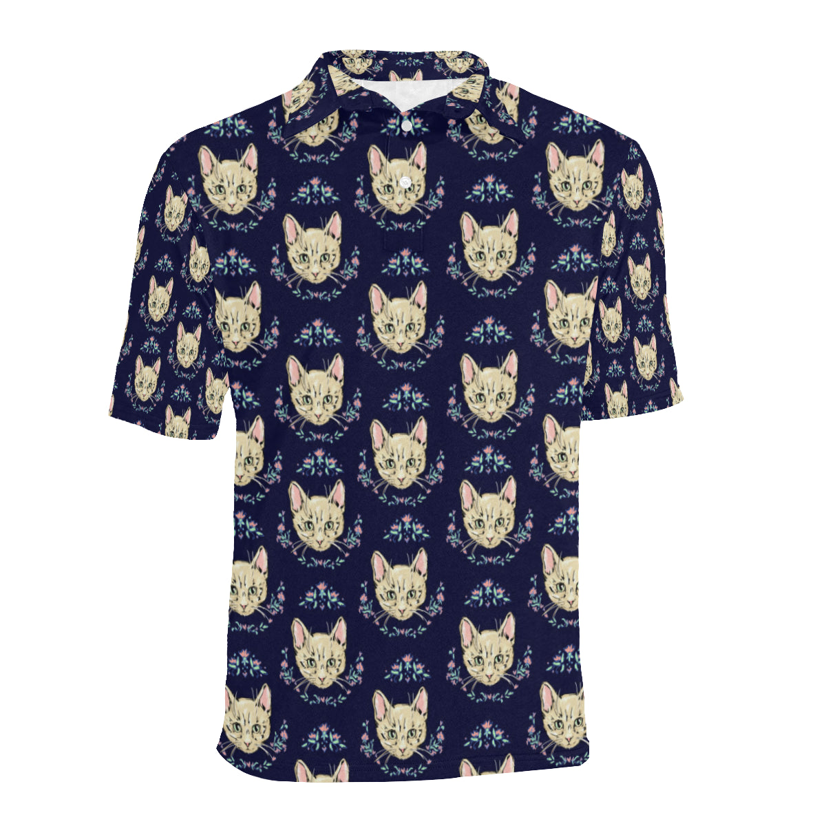 Cat Head with flower Print Pattern Men Polo Shirt