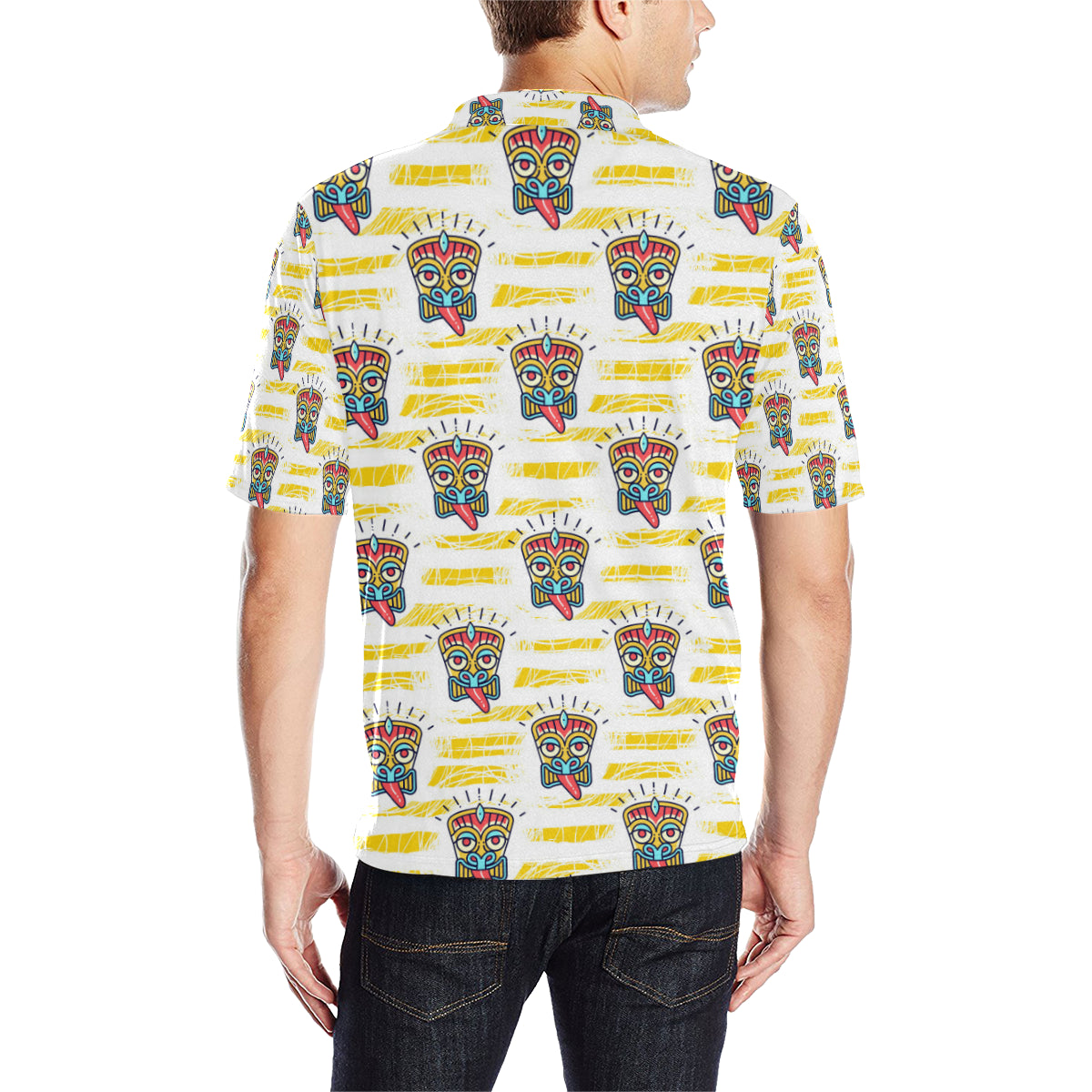 Tiki Smile Mask Print Pattern Men Polo Shirt