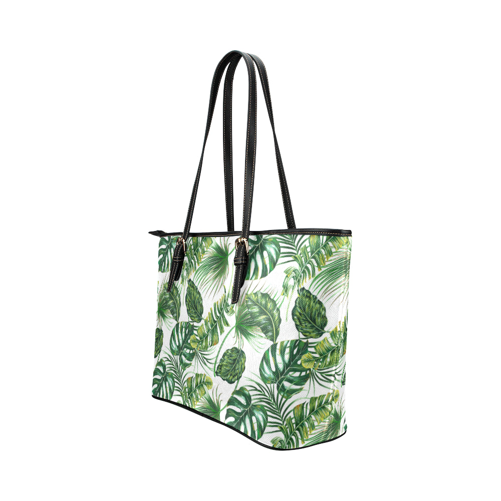 Green Pattern Tropical Palm Leaves Leather Tote Bag