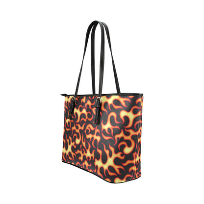 Flame Fire Themed Print Leather Tote Bag
