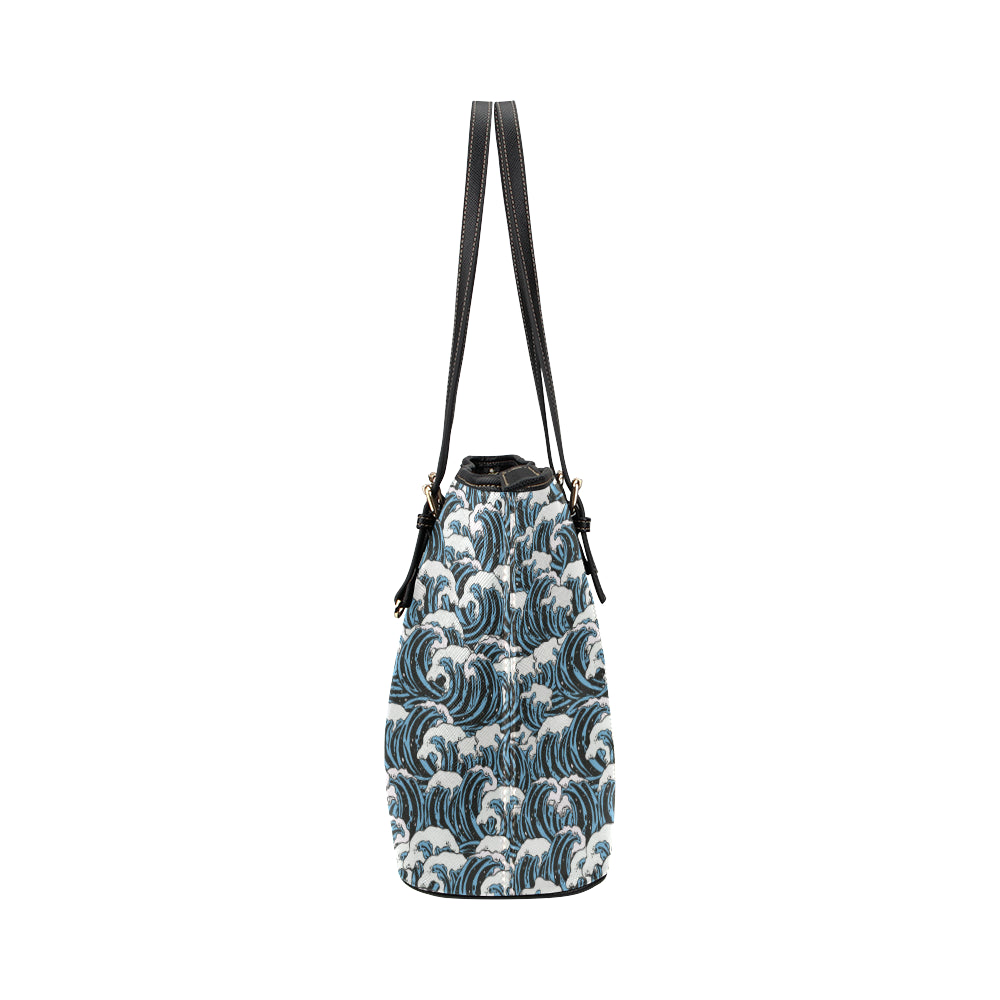 Surf Wave Pattern Print Leather Tote Bag