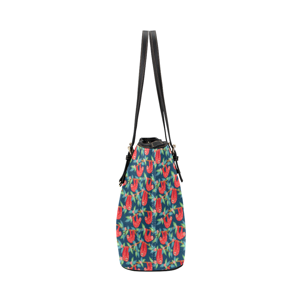 Sloth Red Design Themed Print Leather Tote Bag