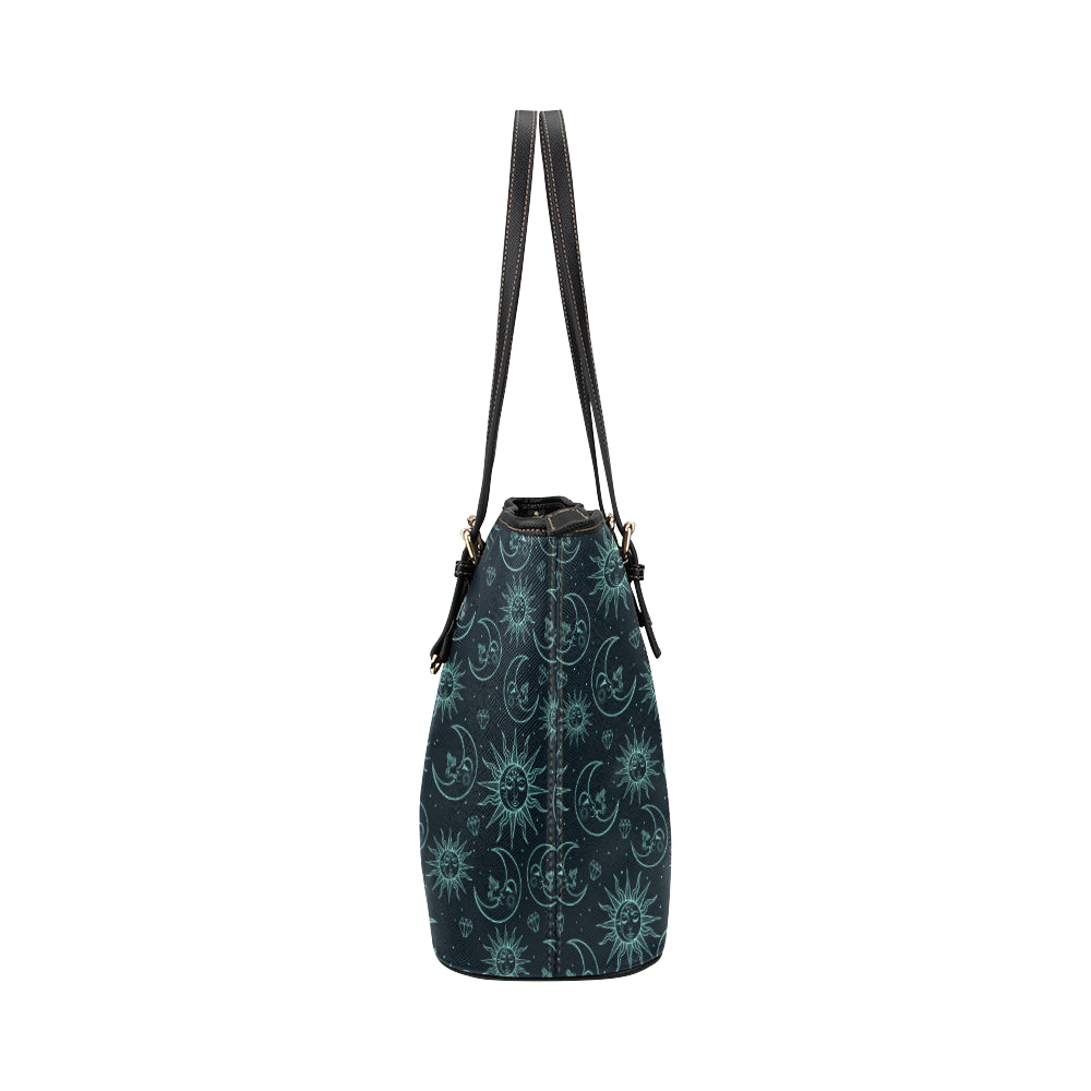 Sun Moon Magic Design Themed Print Leather Tote Bag