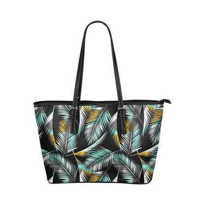 Gold Glitter Cyan Tropical Palm Leaves Leather Tote Bag
