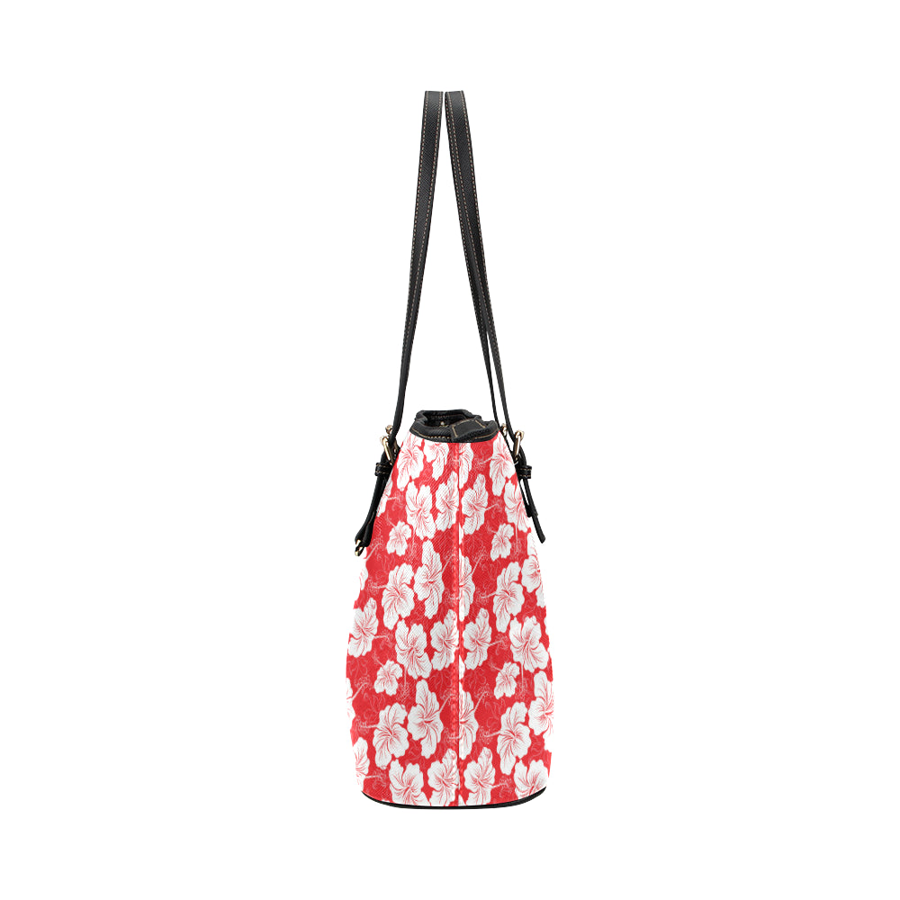 Flower Hawaiian Hibiscus Red Background Print Leather Tote Bag