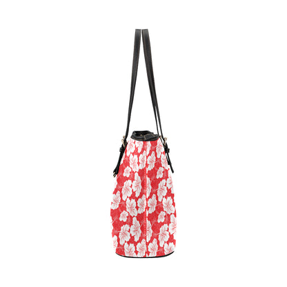 Flower Hawaiian Hibiscus Red Background Print Leather Tote Bag