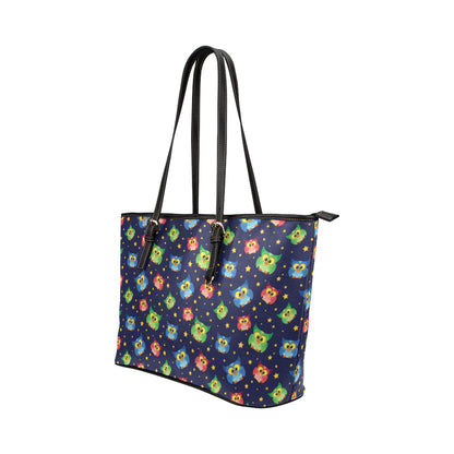 Owl with Star Themed Design Print Leather Tote Bag