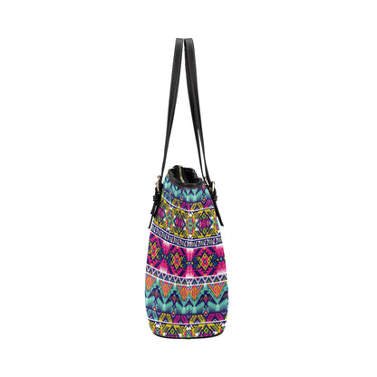 Indian Navajo Color Themed Design Print Leather Tote Bag