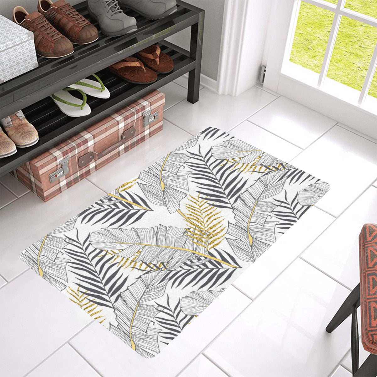 Gold Glitter Tropical Palm Leaves Rubber Doormat