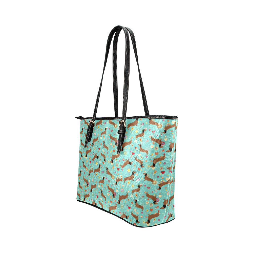 Dachshund with Floral Print Pattern Leather Tote Bag