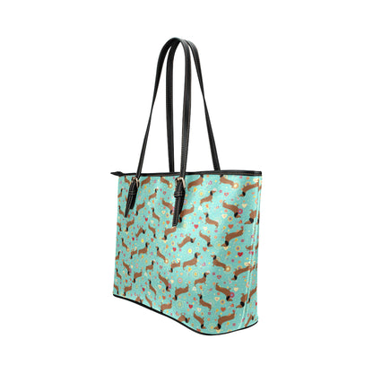 Dachshund with Floral Print Pattern Leather Tote Bag