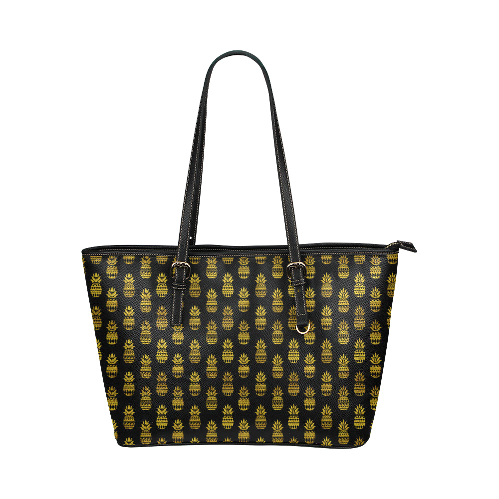 Pineapple Gold Tribal Style Print Leather Tote Bag