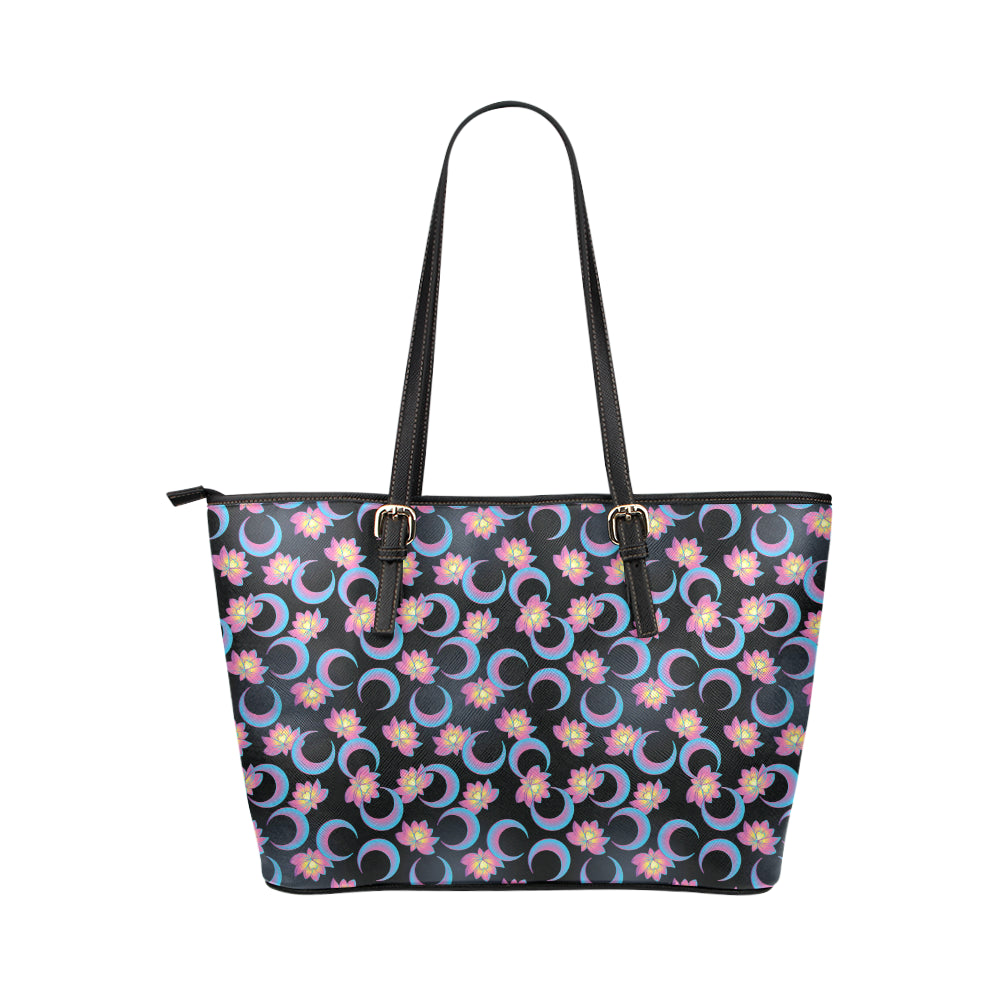 Lotus with Moon Pink Print Themed Leather Tote Bag