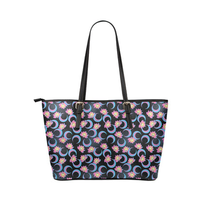 Lotus with Moon Pink Print Themed Leather Tote Bag