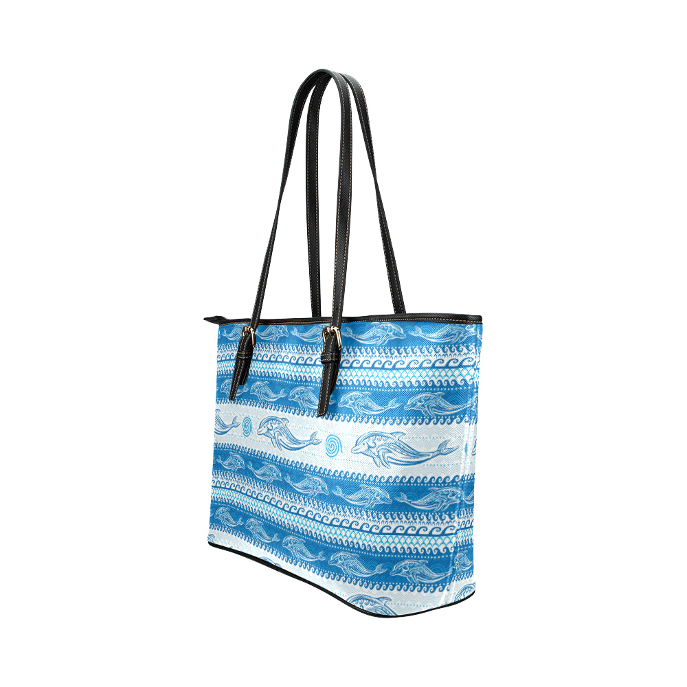 Dolphin Tribal Print Pattern Leather Tote Bag
