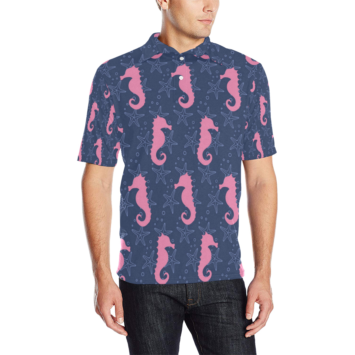 SeaHorse Pink Pattern Print Design 02 Men Polo Shirt