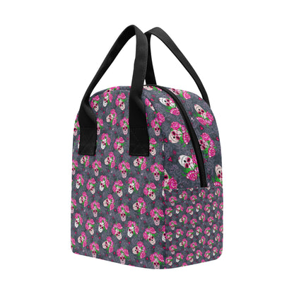 Sugar Skull Pink Rose Themed Print Insulated Lunch Bag