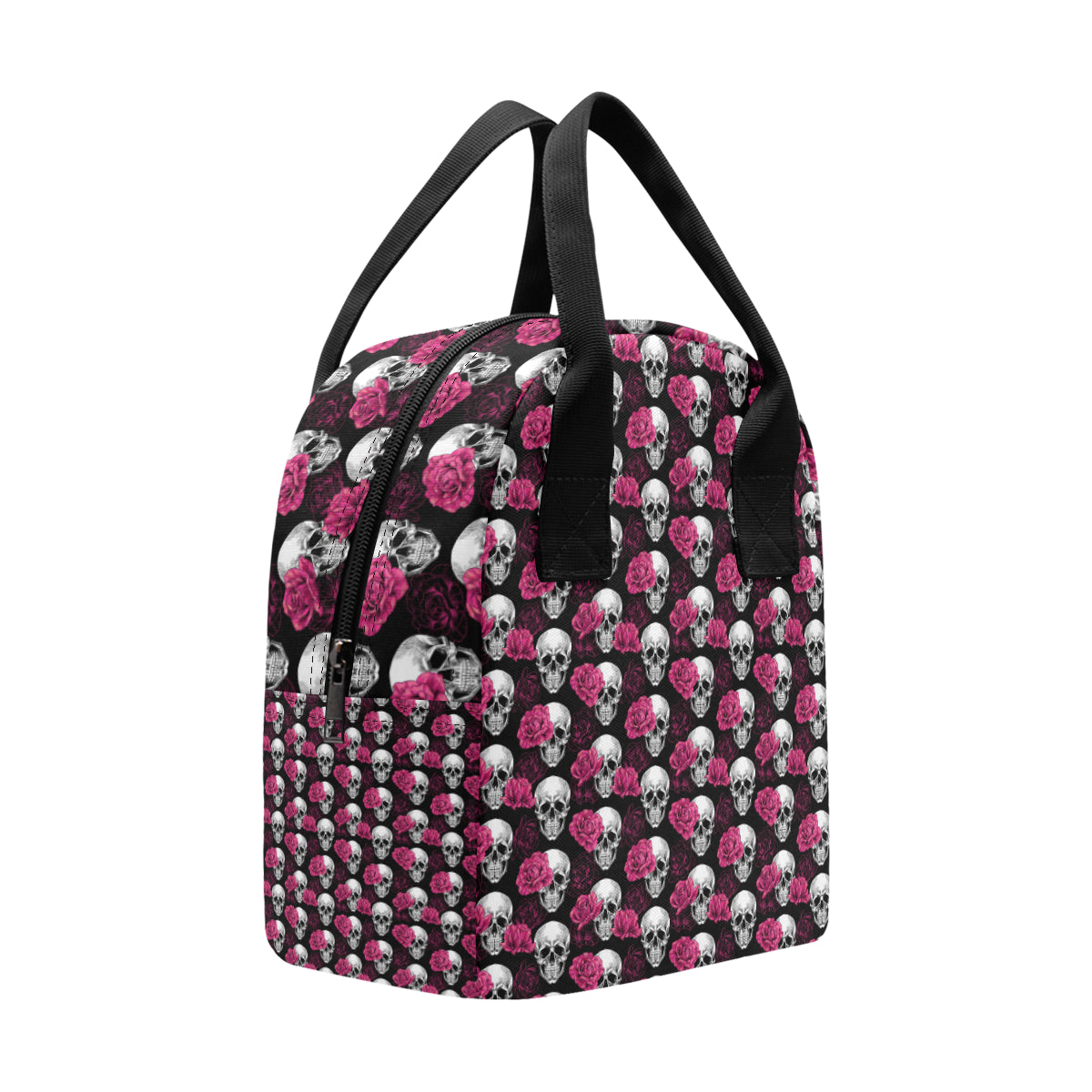 Pink Rose Skull Themed Print Insulated Lunch Bag