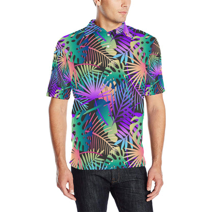 Neon Flower Tropical Palm Leaves Men Polo Shirt