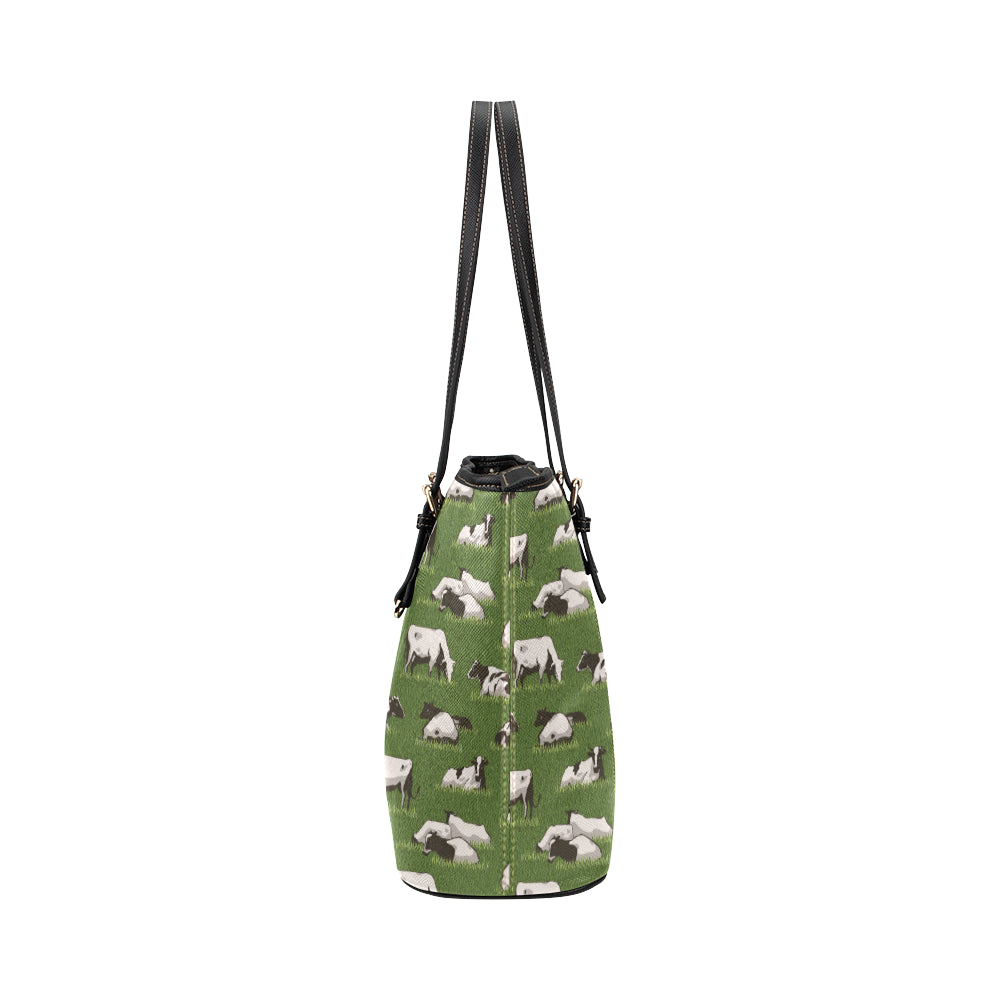 Cow on Grass Print Pattern Leather Tote Bag