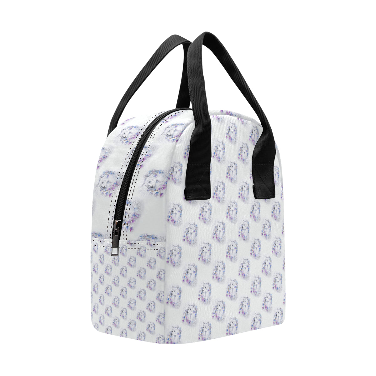 Wolf with Flower Print Design Insulated Lunch Bag