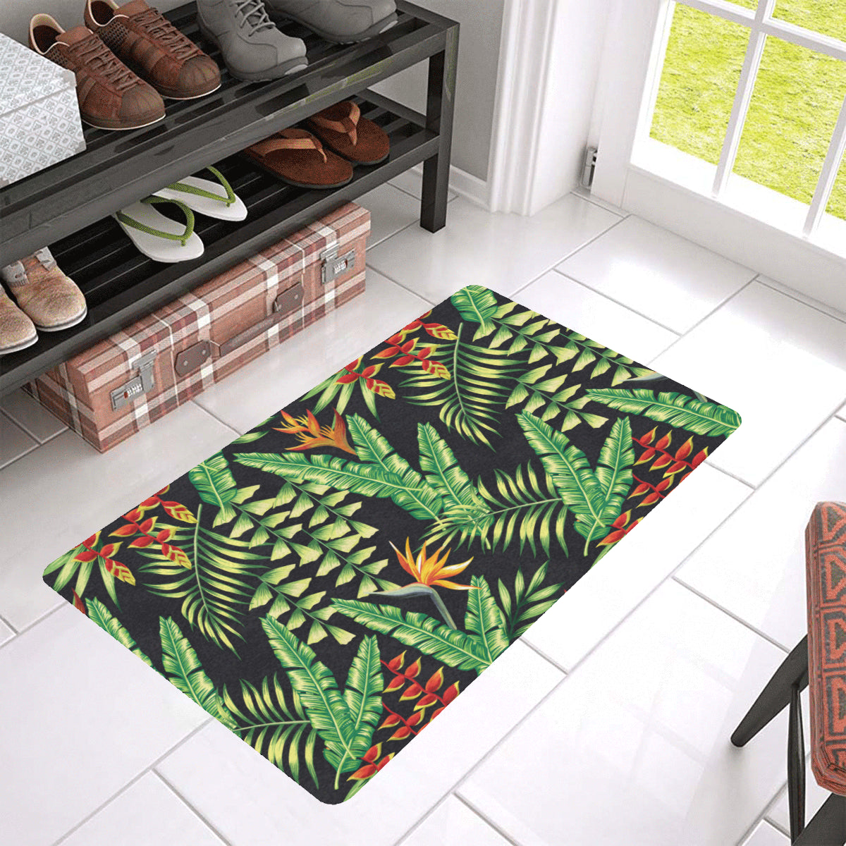 Hawaiian Flower Tropical Palm Leaves Rubber Doormat