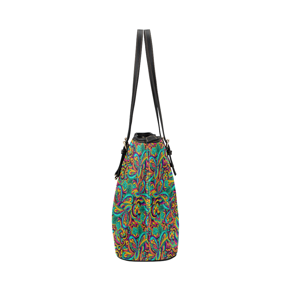 Psychedelic Trippy Floral Design Leather Tote Bag