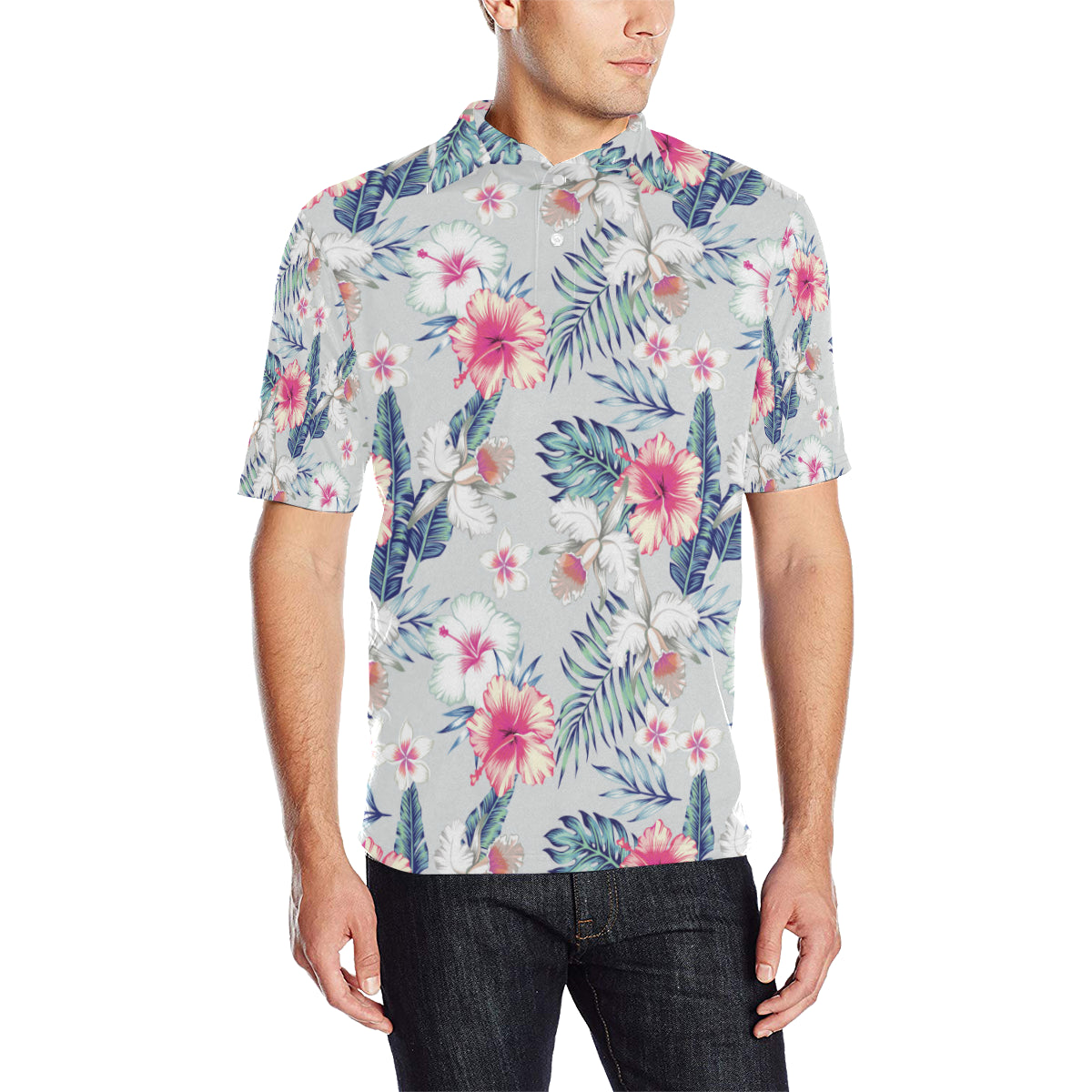 Hibiscus Print Men Polo Shirt