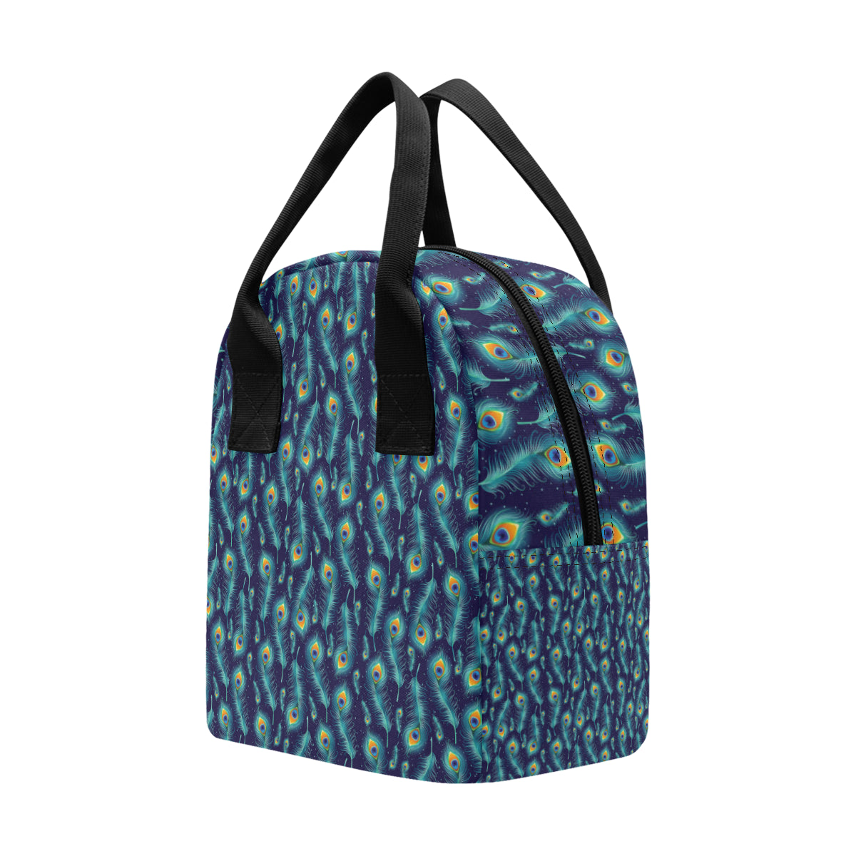 Peacock Feather Blue Design Print Insulated Lunch Bag