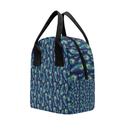 Peacock Feather Blue Design Print Insulated Lunch Bag