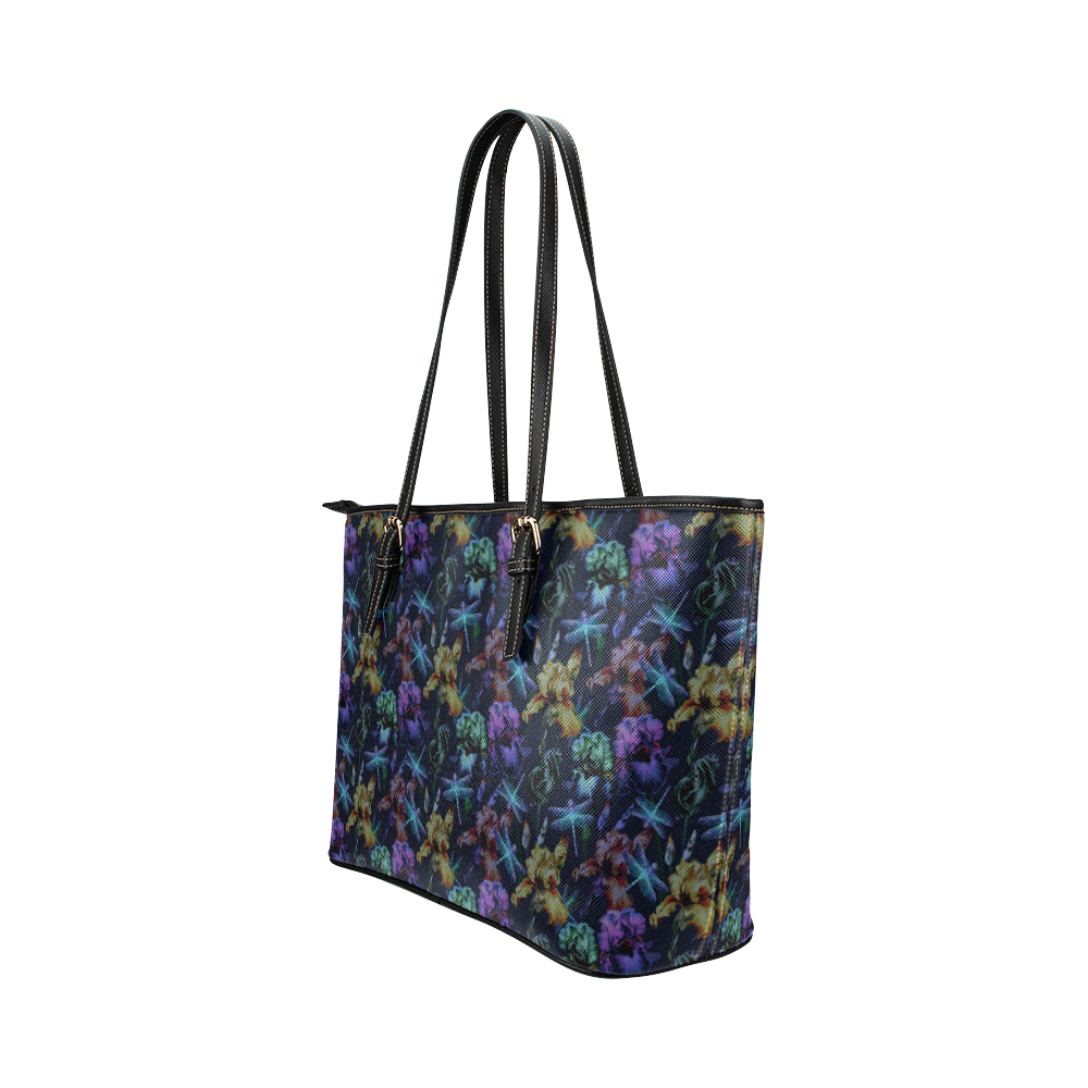 Dragonfly With Floral Print Pattern Leather Tote Bag