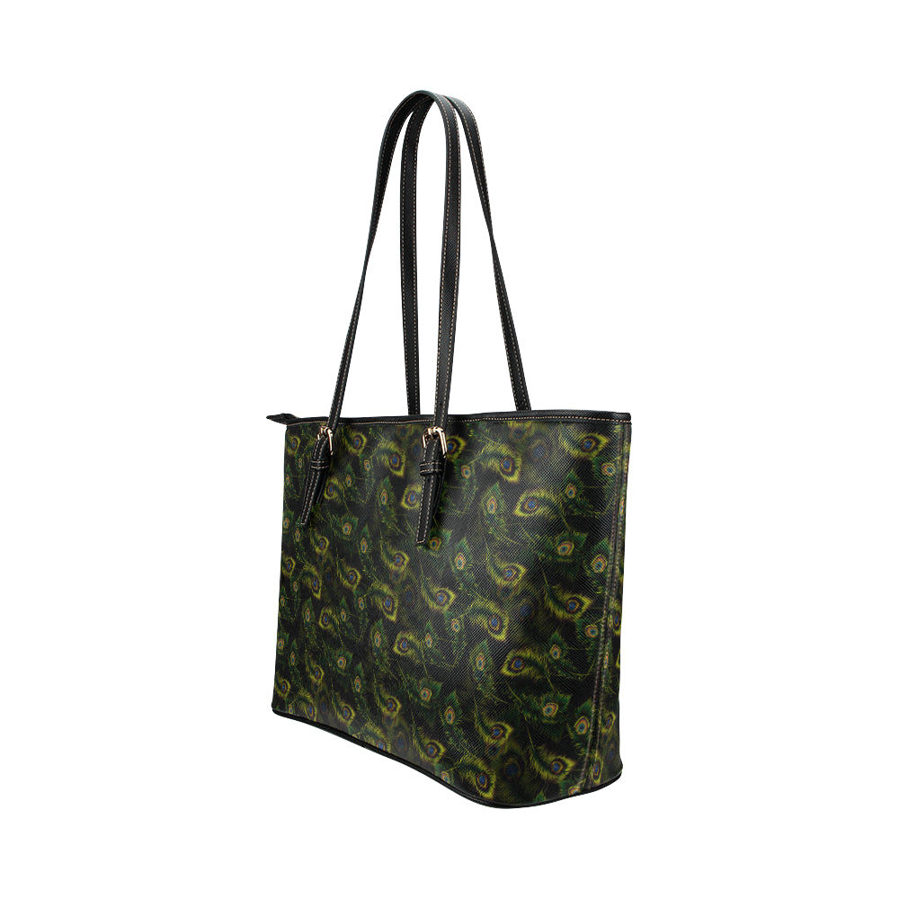 Peacock Feather Pattern Design Print Leather Tote Bag