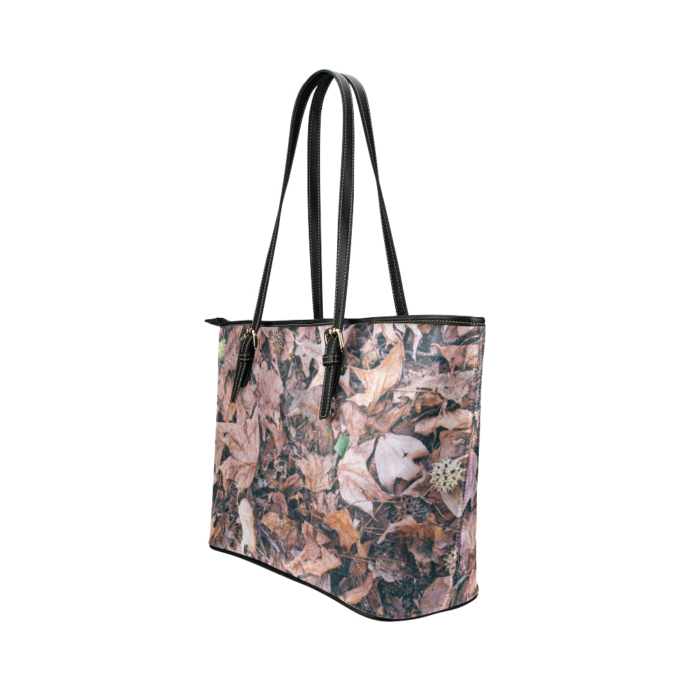 Camouflage Realistic Tree Leaf Print Leather Tote Bag