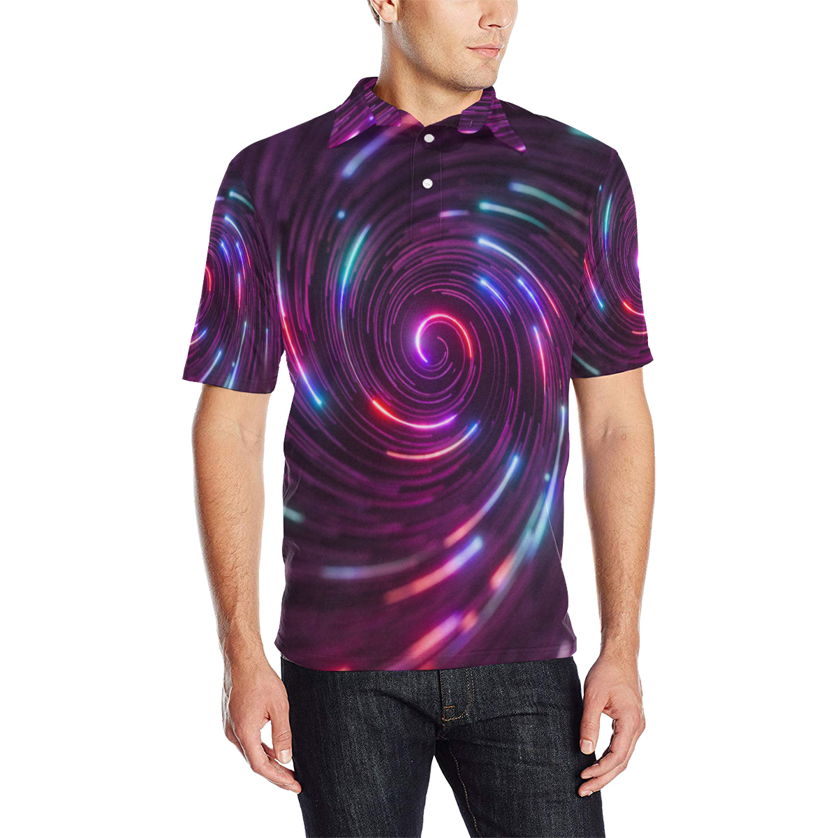 Vortex Twist Swirl Purple Neon Print Men Polo Shirt