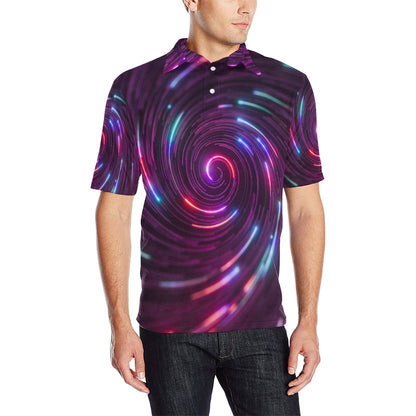 Vortex Twist Swirl Purple Neon Print Men Polo Shirt