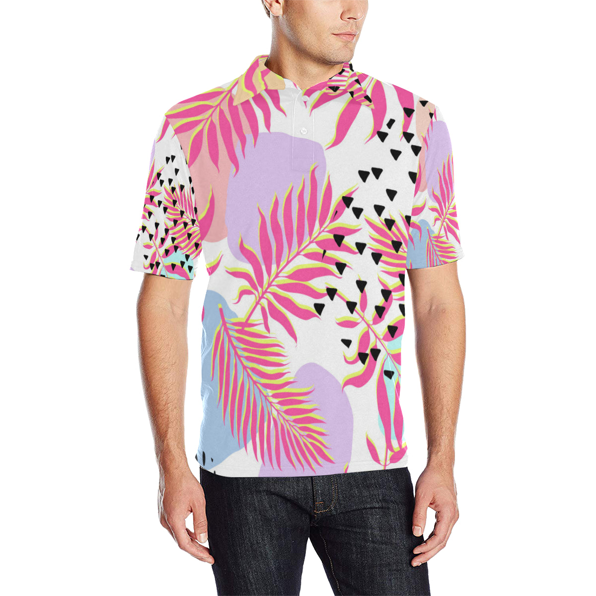 Pink Tropical Palm Leaves Men Polo Shirt