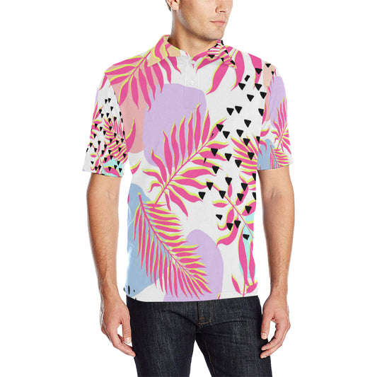 Pink Tropical Palm Leaves Men Polo Shirt