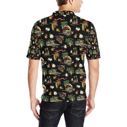 Hawaiian Island Themed Print Men Polo Shirt