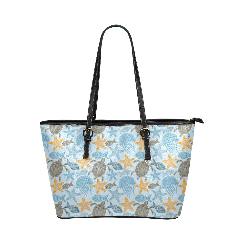 Polynesian Jellyfish Turtle Print Leather Tote Bag