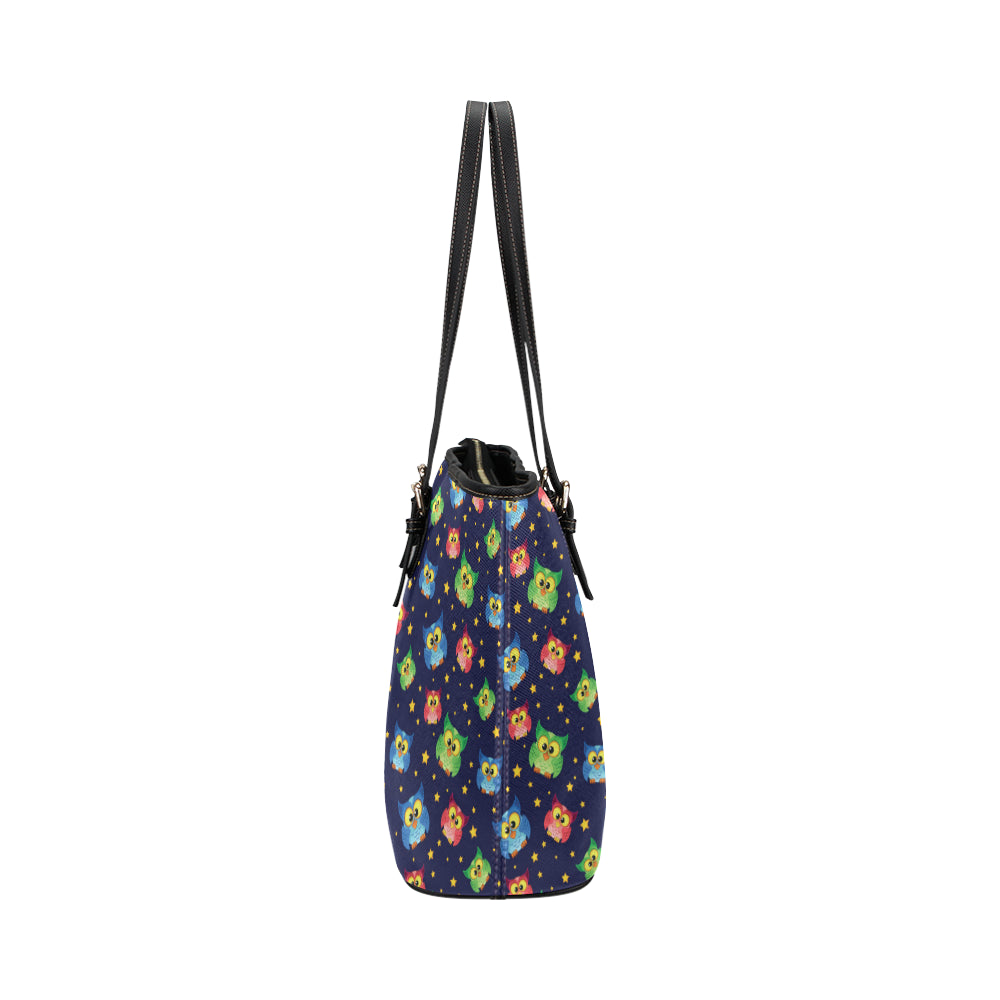 Owl with Star Themed Design Print Leather Tote Bag