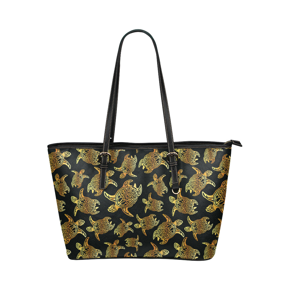Gold Tribal Turtle Polynesian Themed Leather Tote Bag