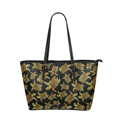 Gold Tribal Turtle Polynesian Themed Leather Tote Bag